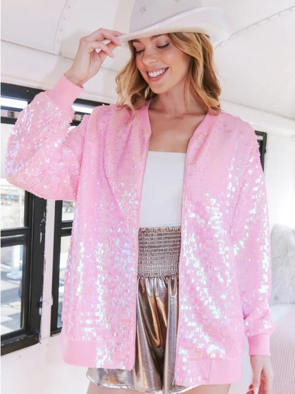 Fantastic Fawn Pink Iridescent Sequin Bomber Jacket Zip Up Y2K Festival Small